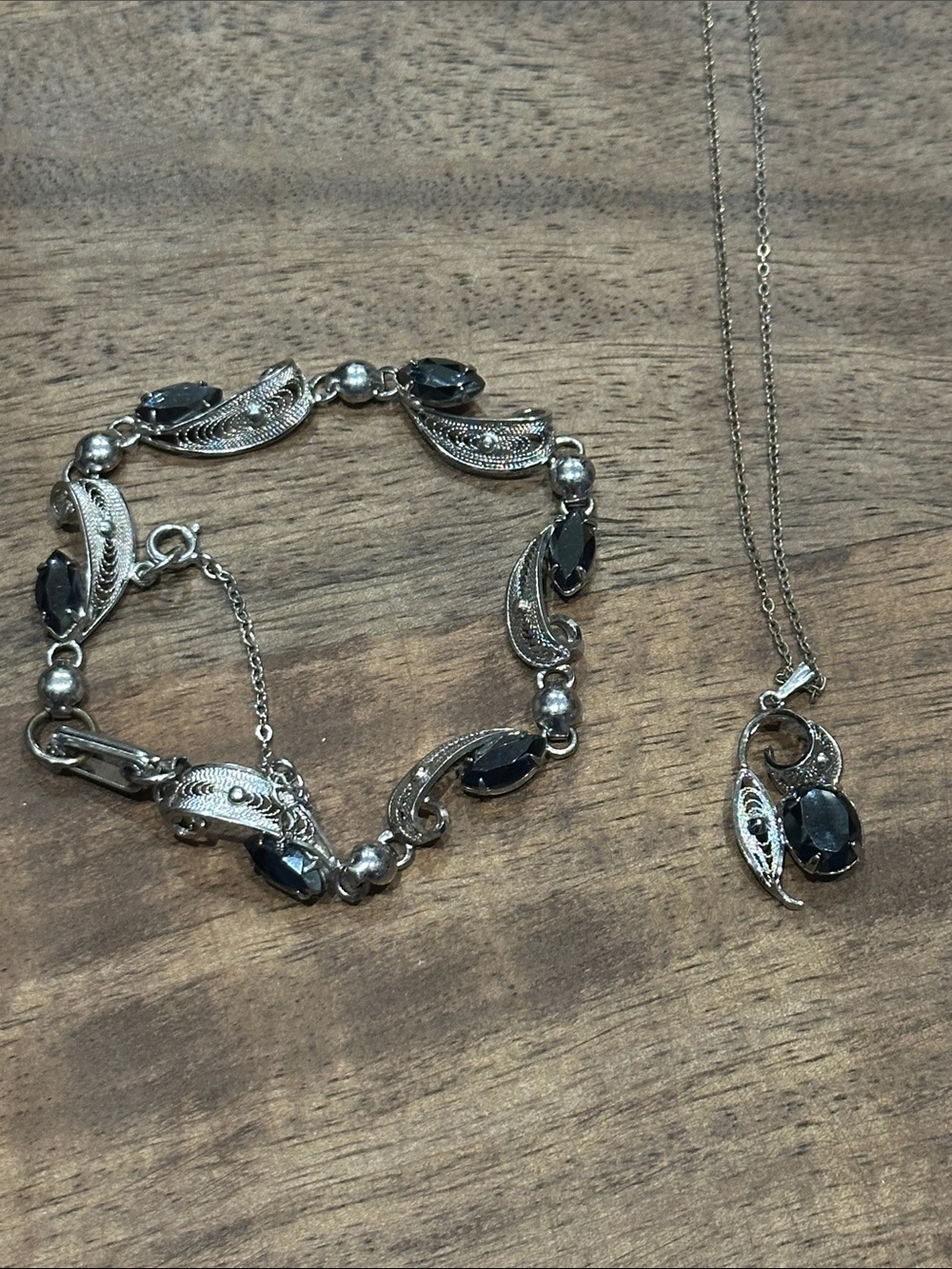 Vintage Alice Caviness Sterling Silver-Tone Black Stone Bracelet and Pendant